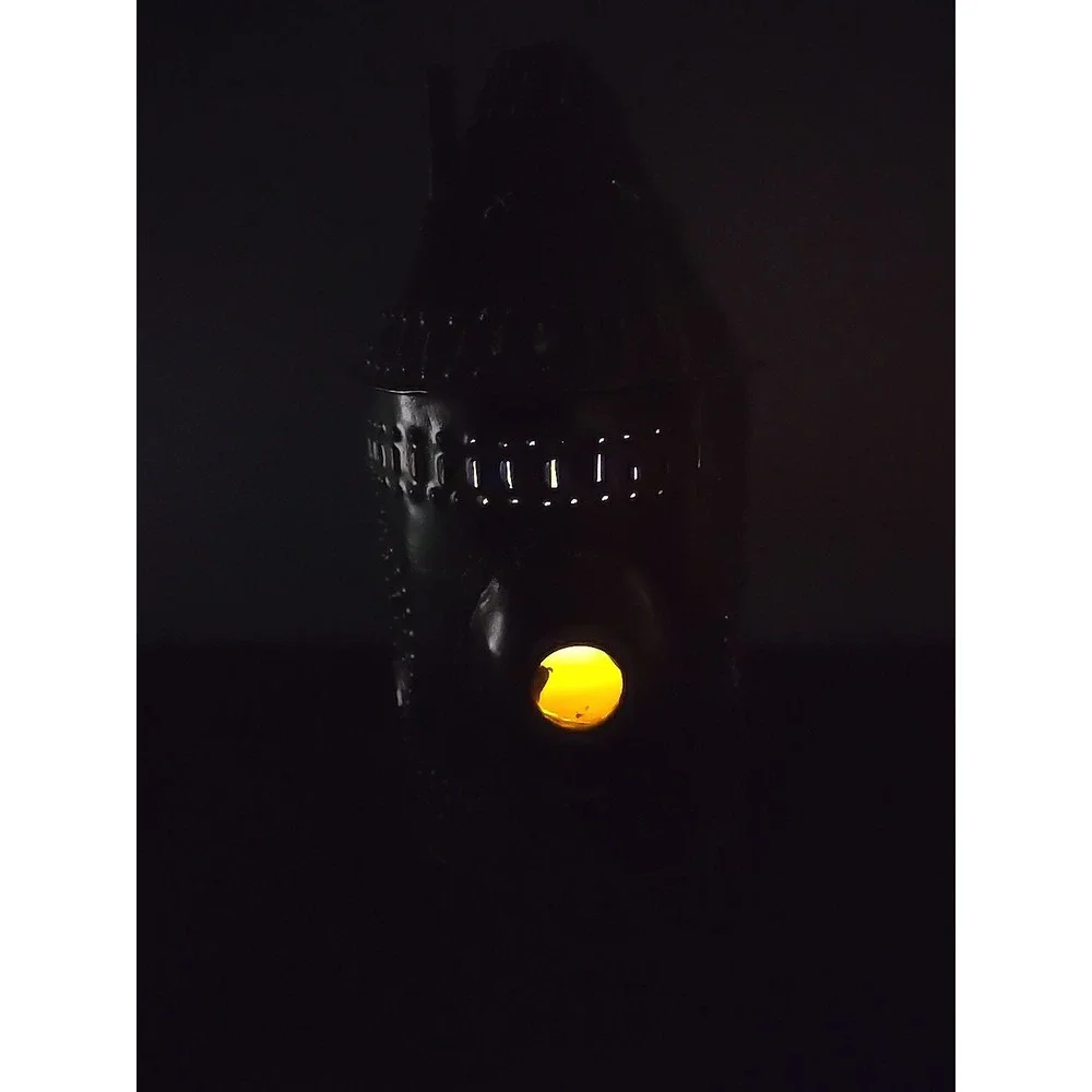 Punched Tin Candle Lantern‎ Side Smoke Stack Double Glass Lenses Bullseye